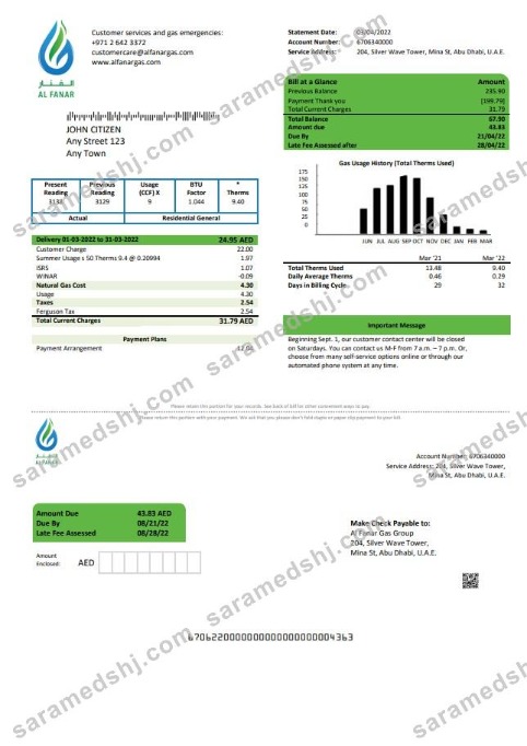 UAE Al Fanar Gas Group utility bill template in Word and PDF format